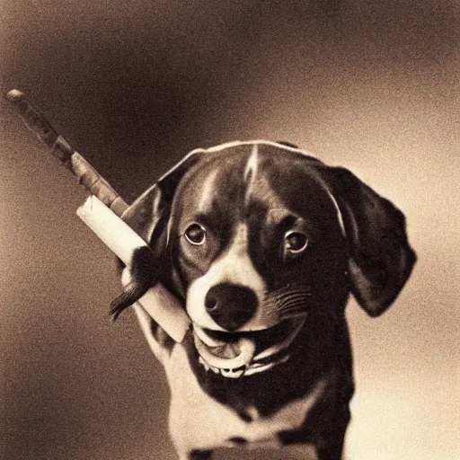 Prompt: a photograph of a dog with a cigar in its mouth