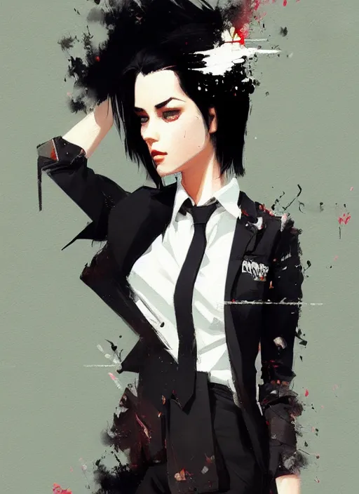 Prompt: a ultradetailed beautiful panting of a stylish woman wearing a shirt with a tie, she has black hair, distressed, background explosion, by ashley wood, ilya kuvshinov, greg rutkowski on artstation