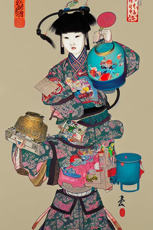 Prompt: full view, from a distance, of anthropomorphic trashcan from the qing dynasty, style of yoshii chie and hikari shimoda and martine johanna, highly detailed