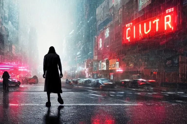 Image similar to a cinematic photograph of jesus walking through a dystopian city street whilst a large group of cyber tech robots follow, rain falls, neon advertisement light up the street, ultra realistic, high definition