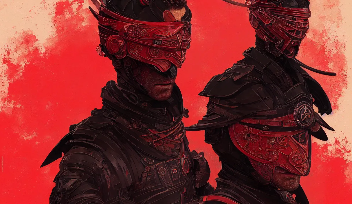 Image similar to portrait ninja ryan gosling, black red color ninja wardrobe, in ruined yasukuni shrine, sci - fi and fantasy, intricate and beautiful and elegant, digital painting, artstation, concept art, smooth and sharp focus, illustration, art by tian zi and wlop and alphonse mucha