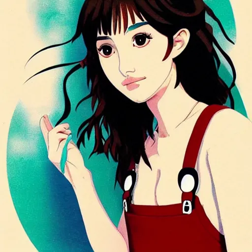 Image similar to a beautiful young japanese natalie portman alluring gravure model, anime art, wearing elegant designer overalls, elegant overalls with mesoamerican patterns, mesoamerican native street fashion, princess mononoke, painted by jamie hewlett and ashley wood, aesthetic, gorgeous, stunning, alluring, attractive, artstation, pinterest, digital art