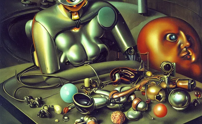 Image similar to strange seductive futuristic robot body, enticing colorful oil painting dutch golden age vanitas still life sparse composition with bulbous objects strange gooey transparent surfaces shiny metal reflections bizarre mutant meat insects rachel ruysch dali todd schorr very detailed perfect composition rule of thirds masterpiece canon 5 0 mm, cinematic lighting, photography, retro, film, kodachrome