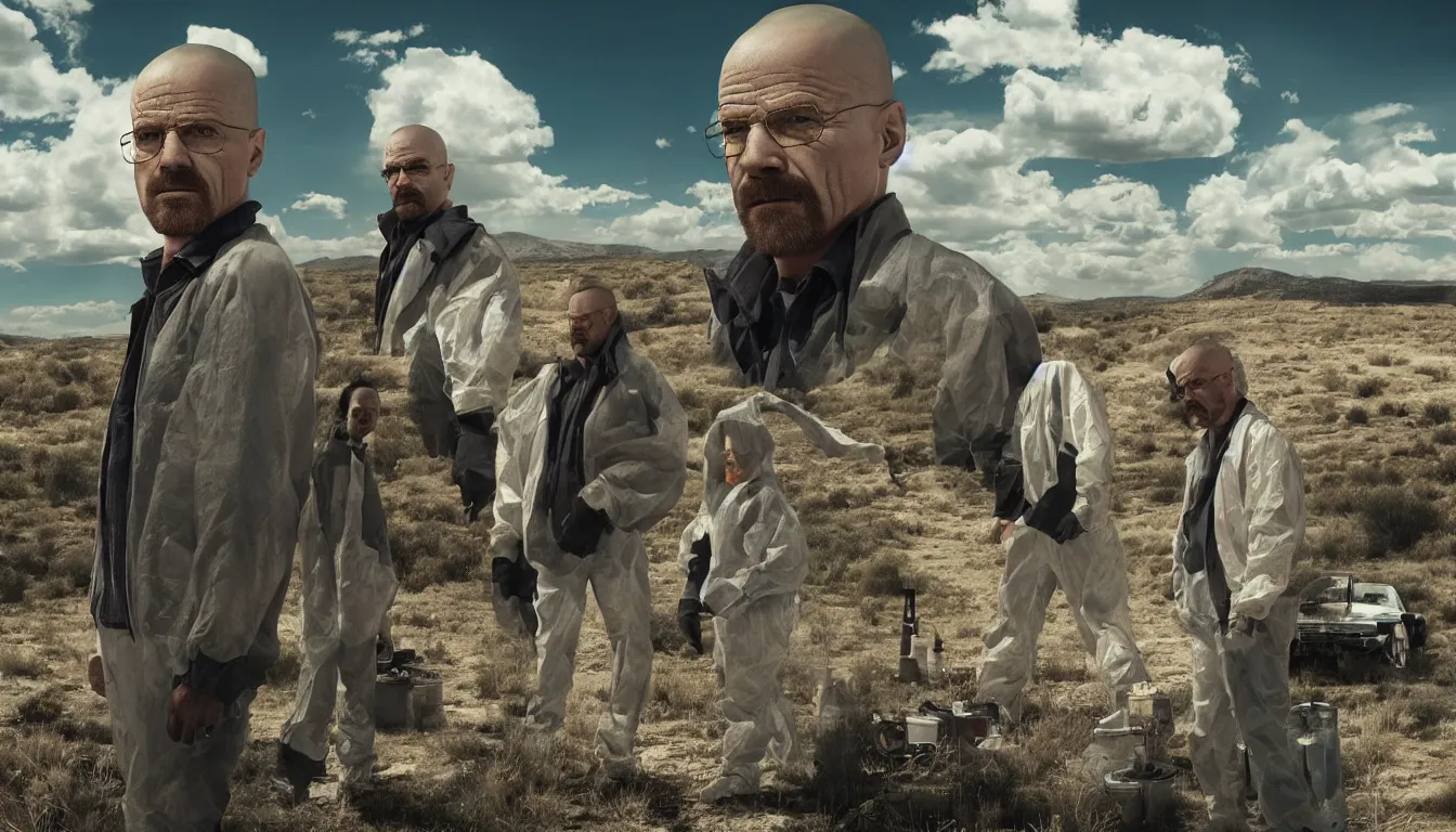 Prompt: every Breaking Bad character together, PC wallpaper, highly detailed, stunning photo, cinematic lighting, perfect, 8K, ultra-detailed , Trending on artstation, Octane render, Unreal Engine,