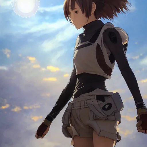Image similar to a girl is running, sport clothing, last exile, anime style, brown short hair, hair down, symmetrical facial features, from arknights, hyper realistic, rule of thirds, extreme detail, detailed 4 k drawing, zerochan, realistic lighting, by alphonse mucha, greg rutkowski, backlit