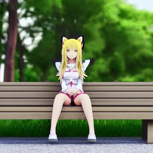 Image similar to 3 d photo of an anime girl with cat ears and long blond hair looking to her side sitting on a bench with a park behind her bokeh shader anime