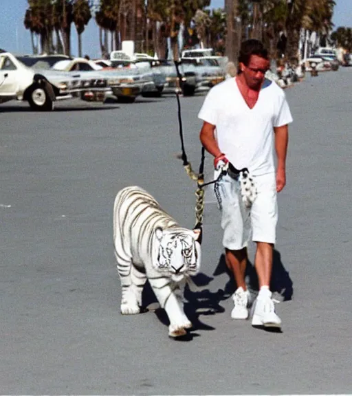 Image similar to celebrity walking his pet white tiger on a chain down Venice beach, muscle beach in 1998