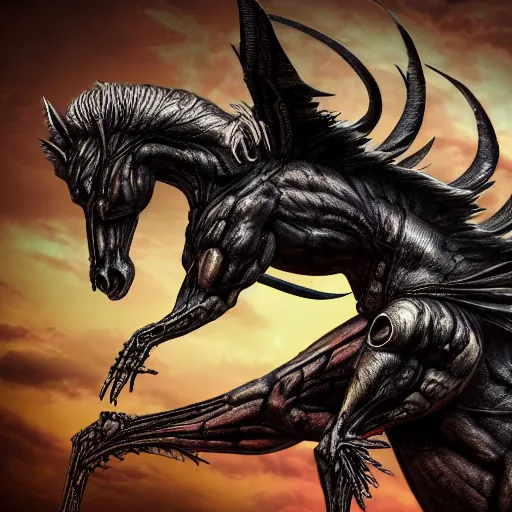 Prompt: realistic photo of an heroic pegasus with demon wings, evil eyes and venom's mouth, hr giger style, biomechanical, 4k, no artifacts