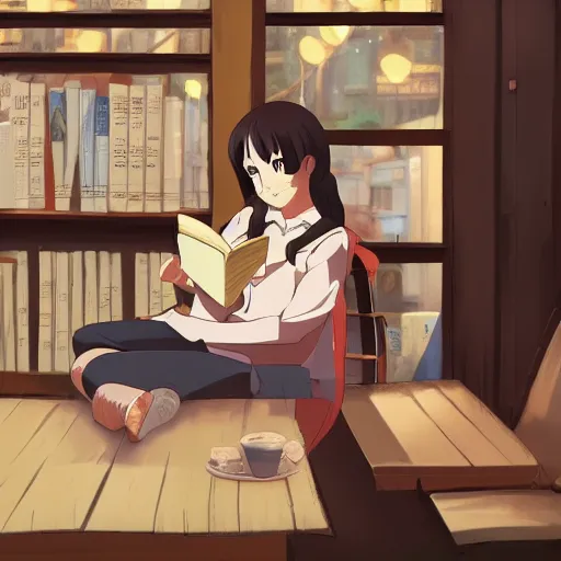 Prompt: a young woman reading a book in a cozy coffee shop, anime key visual, anime screenshot, artstation, studio ghibli