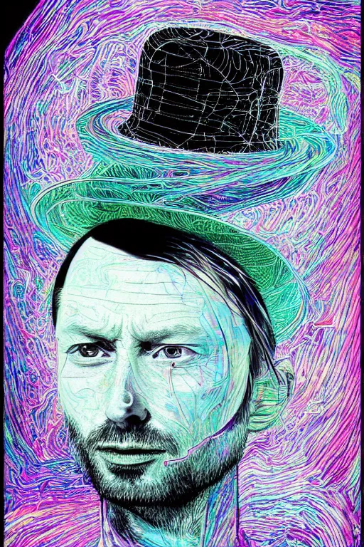 Prompt: A portrait of Thom Yorke as a cyberpunk wearing a bowler hat, iridescent highlights, surrounded by digital swirls, highly detailed, intricate, soft, sci-fi, sharp focus, glowing lines, art by Moebius