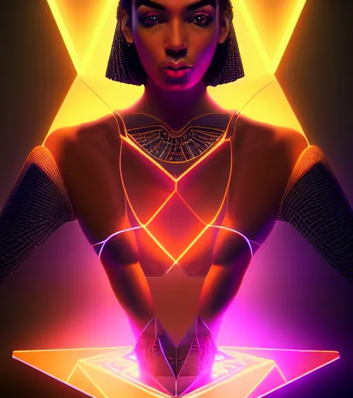 Image similar to symmetry!! egyptian queen of technology, solid cube of light, hard edges, product render retro - futuristic poster scifi, lasers and neon circuits, brown skin beautiful egyptian, queen, intricate, elegant, highly detailed, digital painting, artstation, concept art, smooth, sharp focus, illustration, dreamlike, art by artgerm