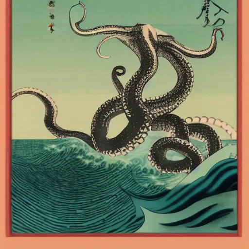 Image similar to CGI of giant octopus overlayed on ocean ukiyo-e background