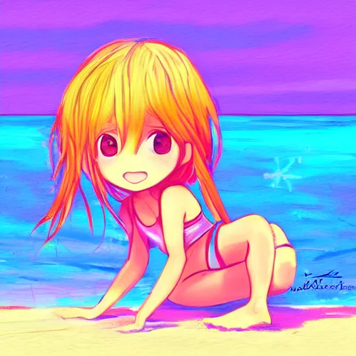 Image similar to chibi anime character, chilling on the beach, lofi colors, digital painting, super detailed