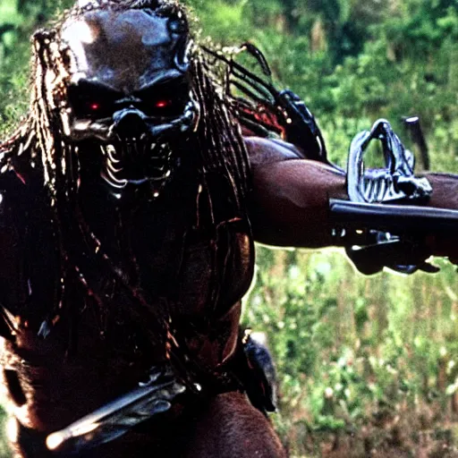 Prompt: a movie still of predator fighting the terminator