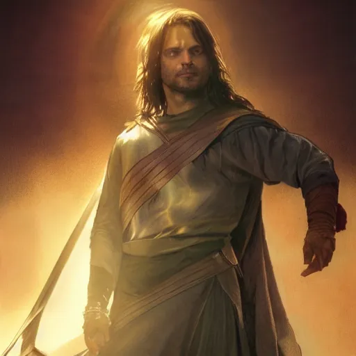 Image similar to sebastian stan as aragorn by leonardo divinci, greg rutkowski, alphonse mucha, mystical cosmic lighting, octane render, artstation, rey tracing, golden ratio, rule of thirds, perfect composition