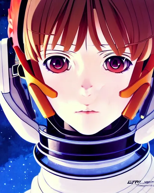 Image similar to ilya kuvshinov anime illustration of young astronaut girl, last exile, murata range, fine detail, perfect anime face, dramatic lighting, dynamic composition, art deco, cel shading, vivid, rich texture, yoshinari yoh, alphonse mucha, ( ( ( colorful ) ) )