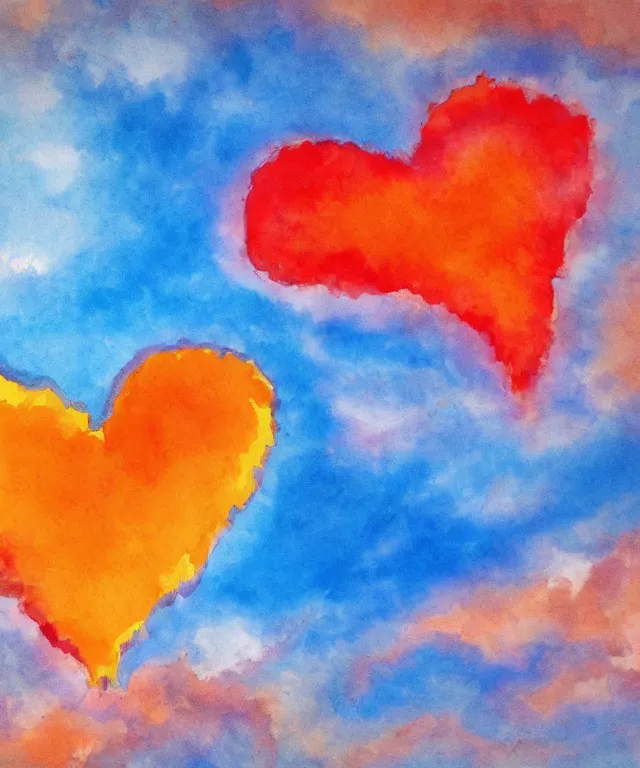 Prompt: water painting of heart shaped clouds