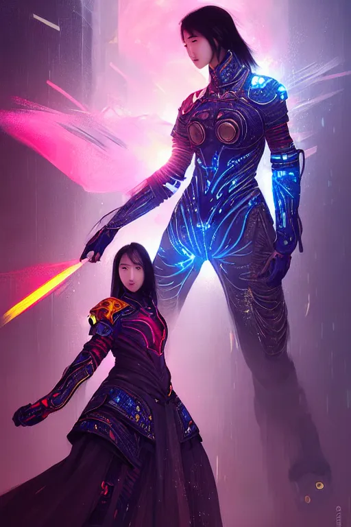 Image similar to portrait futuristic wuxia armor heroine Girl with thunder and fire sparkles and starlight, fighting in future cyberpunk beijing rooftop , ssci-fi, fantasy, intricate, very very beautiful, elegant, human structure, neon light, highly detailed, digital painting, artstation, concept art, smooth, sharp focus, illustration, art by tian zi and WLOP and alphonse mucha