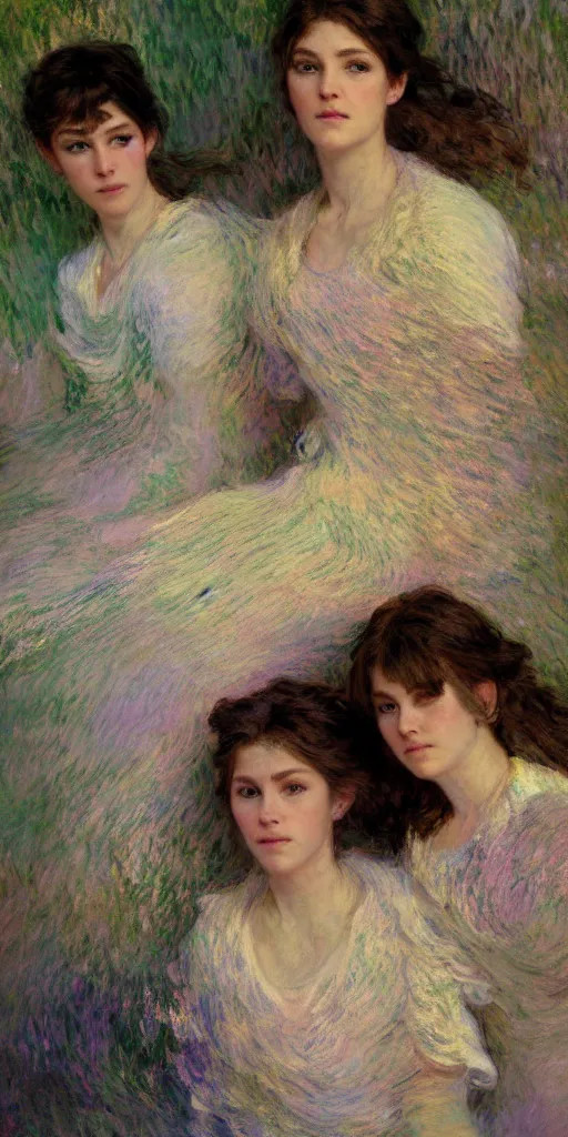 Prompt: illustration studio portrait of three beautiful sisters in artistic poses female energy in nature, monet painterly motives and textures pattern, hyper detailed, octane render, vivid colors, artstation, by jeremy mann, by alphonse mucha, by monet