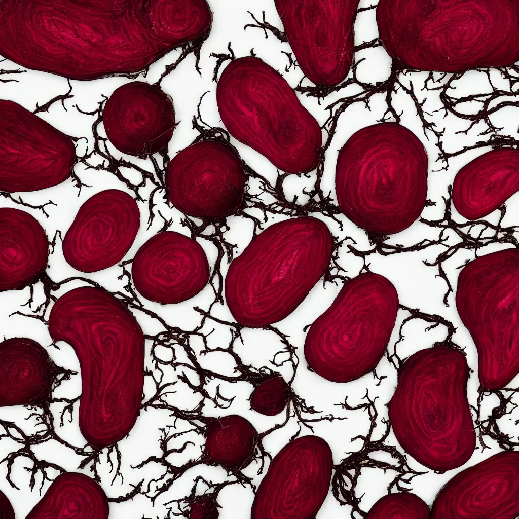 Prompt: embroidered beetroot with fractal roots, black, white and red, food photography. post - production : super detailed : masterpiece