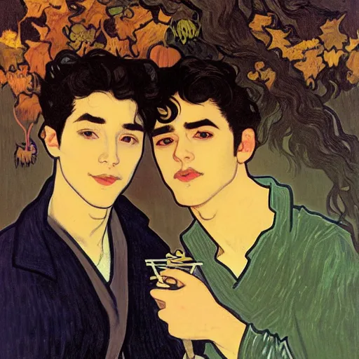 Image similar to painting of young cute handsome beautiful dark medium wavy hair man in his 2 0 s named shadow taehyung and cute handsome beautiful min - jun together at the halloween party, bubbling cauldron, candles, smoke, tarot, autumn colors, elegant, stylized, soft facial features, delicate facial features, art by alphonse mucha, vincent van gogh, egon schiele