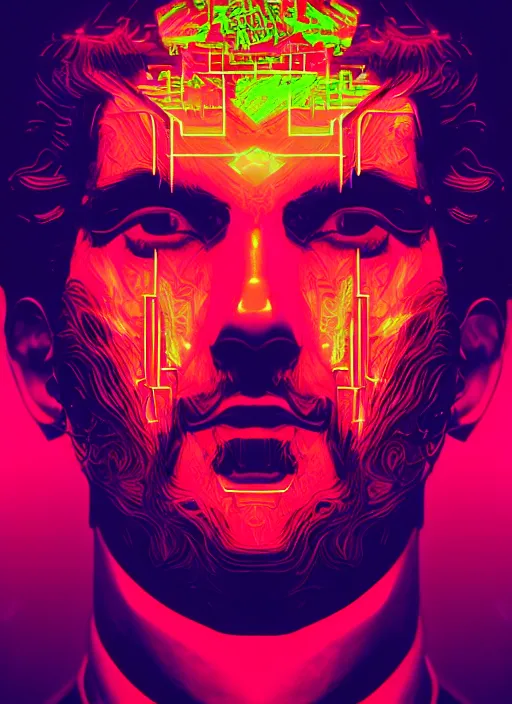 Image similar to portrait of dionysus, beeple, vaporwave, retrowave, black background, neon wiring, black, glitch, strong contrast, cuts, pinterest, trending on artstation