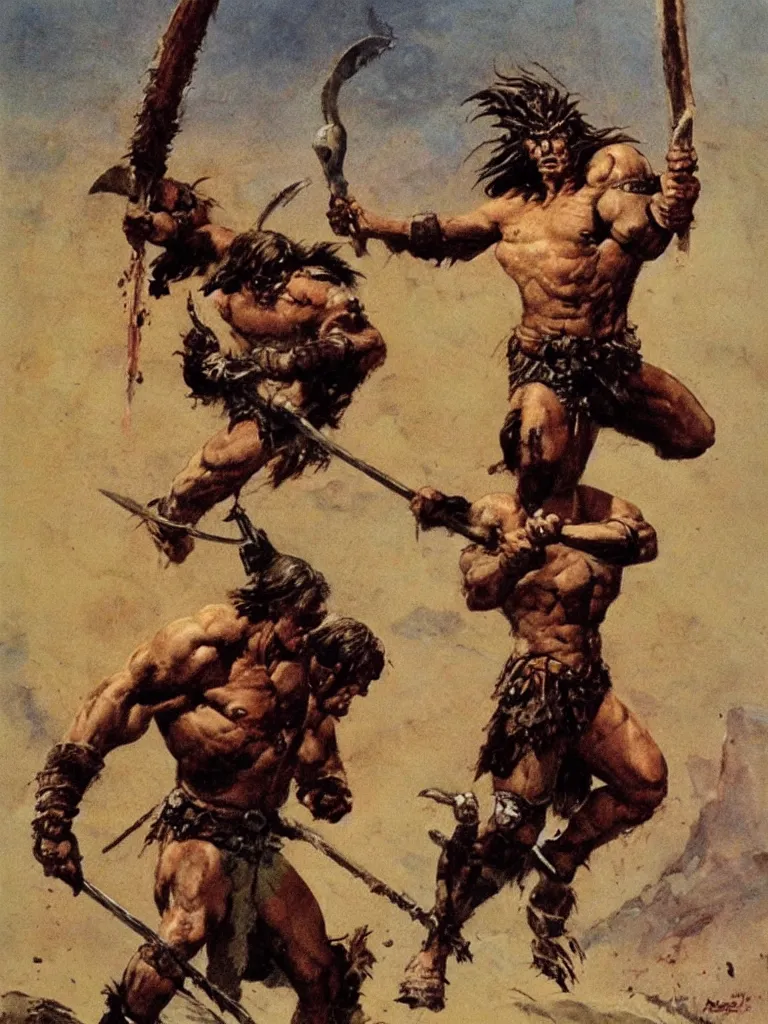 Prompt: a single barbarian warrior raising a spear by frank frazetta