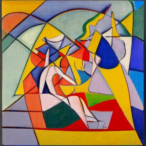 Prompt: the women sat by the seashore weaving the tapestry of life, abstract art in the style of cubism,