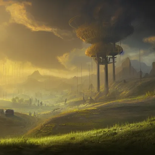 Image similar to fantasy landscape with rolling fields and a steam punk city sunset smoggy trending on artstation 4k highly detailed
