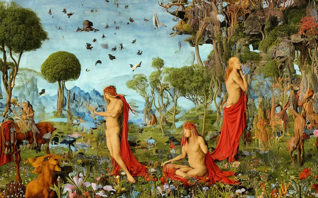 Prompt: a photograph of a meditating centaur shaman and a mermaid druid feeding animals. surrounded by bulbous flowers, animals and a few trees. river delta with mountains and cliffs under a blue sky full of burning stars and birds. painted by jan van eyck, max ernst, ernst haeckel, ernst fuchs and artgerm. trending on artstation