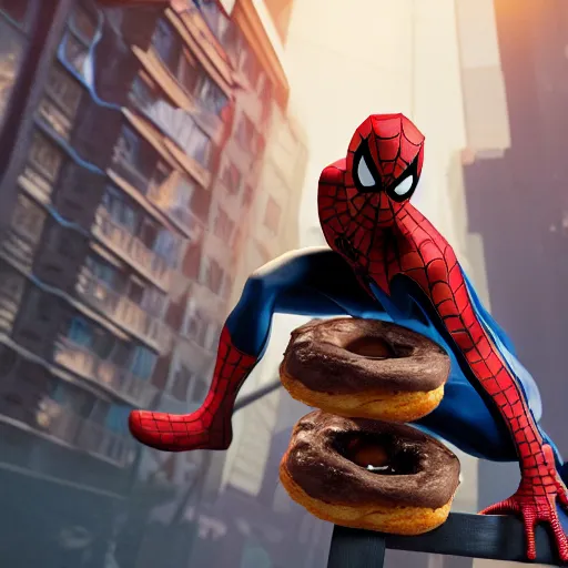 Image similar to spider - man sit on the raccoon and eating donuts, concept art, trending on artstation, highly detailed, intricate, sharp focus, digital art, 8 k