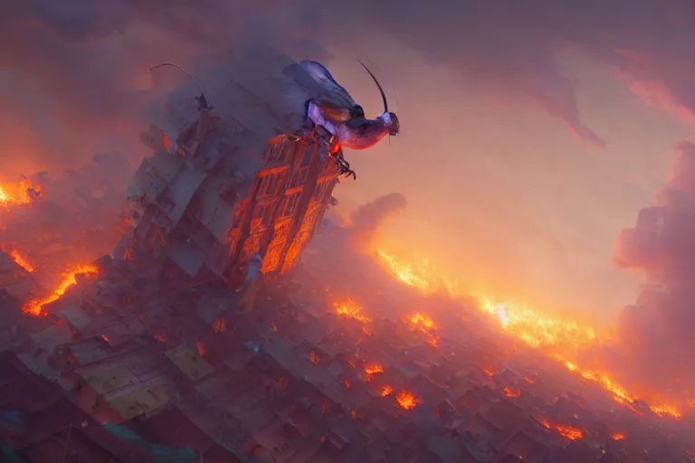 Prompt: bird perspective over a burning town, jesper ejsing, james jean, justin gerard, tomasz alen kopera, cgsociety, fenghua zhong, makoto shinkai, octane render, highly detailed, rim light, art, cinematic lighting, very coherent, hyper realism, high detail, 8 k