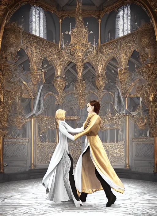 Prompt: highly detailed digital illustration of a newly married medieval king and queen dancing in the grand ballroom of a fantasy castle | fantasy art, cryengine, concept art, photorealism, daz 3 d, sketchfab, zbrush, vray, rule of thirds, golden ratio