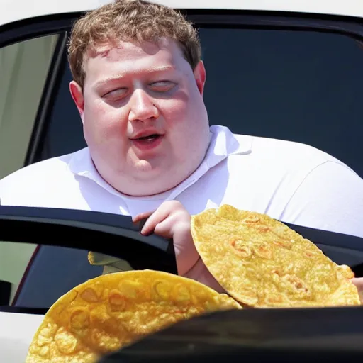 Prompt: fat mark zuckerberg sitting in a car eating tacos