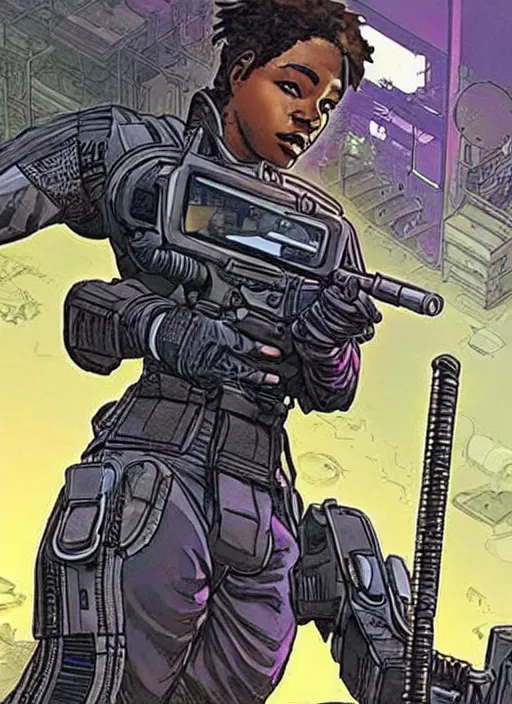 Prompt: selina igwe. apex legends buff cyberpunk spy in stealth suit. concept art by james gurney and mœbius. gorgeous face.