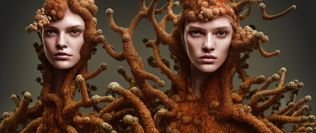 Image similar to hyperrealist highly detailed english medieval portrait of high fashion model wearing fungal fungus fungal growpth mycelia mycel mycelia funal spores spores mycel network armor, lopsided obscure body shape, radiating atomic neon corals, concept art pascal blanche dramatic studio lighting 8k wide angle shallow depth of field