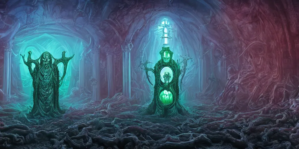 Prompt: photorealistic matte painting photography of circle group of necromancer priest in an invoking ritual in front of a viscosity cthulhu within a lovecraft portal, art by david lachapelle, photography by annie leibovitz, wide - angle portrait, atmospheric lighting, rich deep colors masterpiece, fractal crystals