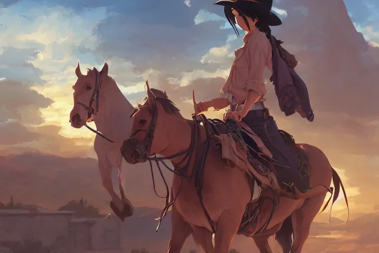 Image similar to western cowgirl, single subject, scenic full shot, ambient lighting, detailed face, by makoto shinkai, stanley artgerm lau, wlop, rossdraws