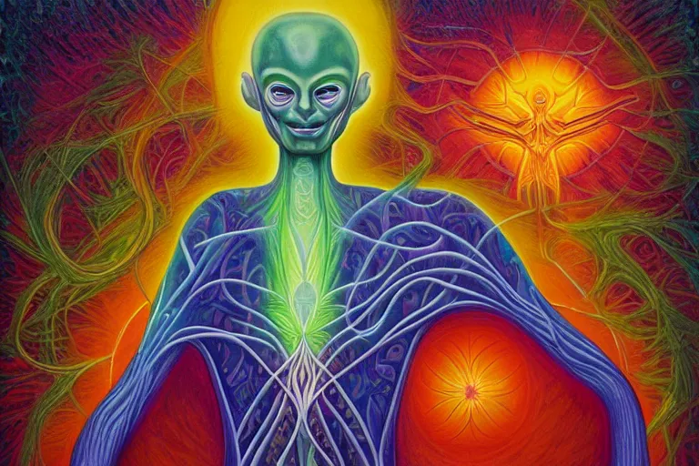 Image similar to painting of a tranquil alien made of light and glows meditating in dense forest by alex grey, acrylic art, ethereal, soothing, somber, elegant, warm light, cozy, breathtaking,