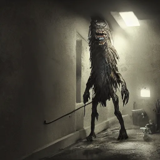 Image similar to creepy monster lurking in a dingy basement, highly detailed, epic lighting, hyper photorealism, low angle, trending on artstation 8 k