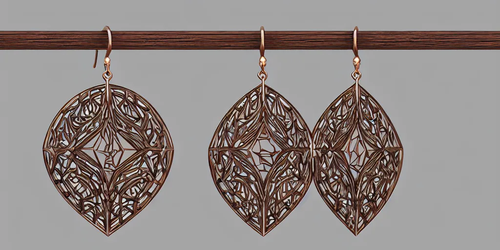 Image similar to earring design, jewelry design, wood, nordic, art deco, intricate, elegant, material, product design, trending on artstation, cgsociety, photo realistic, design by ziva cph and isabel lennse and kalevala, 8 k, unreal engine, c 4 d