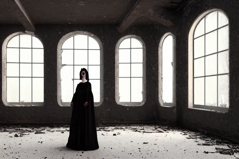 Image similar to A ghostly woman in a long, black victorian dress, standing in the middle of a ruined, abandoned, polish mansion dining hall, seen from inside. Pitch black darkness, A strong red keylight is the only lightsource. Smoke. Dirt, leaves on ground. Octane render. Substance painter. Zbrush. Trending on artstation. 8K. Highly detailed.