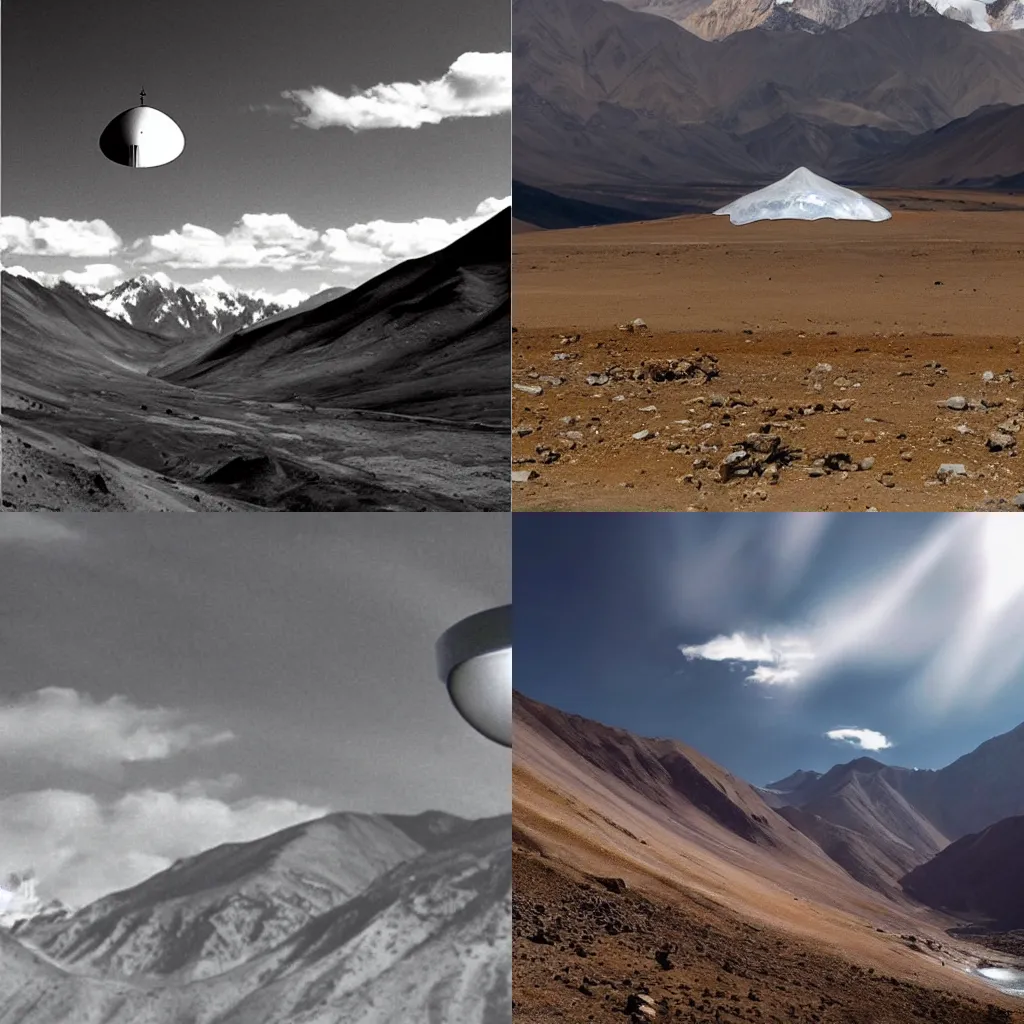 Prompt: a secret classified photo of an alien ufo landing on the mountains of tibet