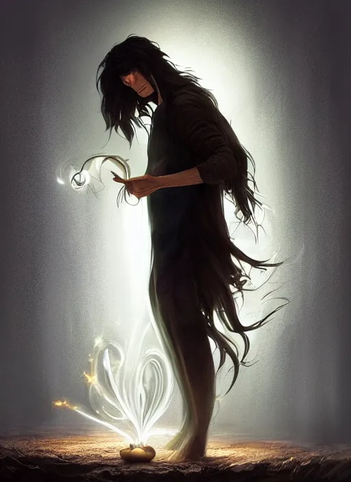 Image similar to side profile of a man with long black hair in brown rags holding a magical orb, fantasy, digital painting, volumetric light, intricate, sharp, focus, bloom, illustration, highly detailed, concept art, matte, art by anna dittmann and ilya kuvshinov and greg rutkowski, masterpiece