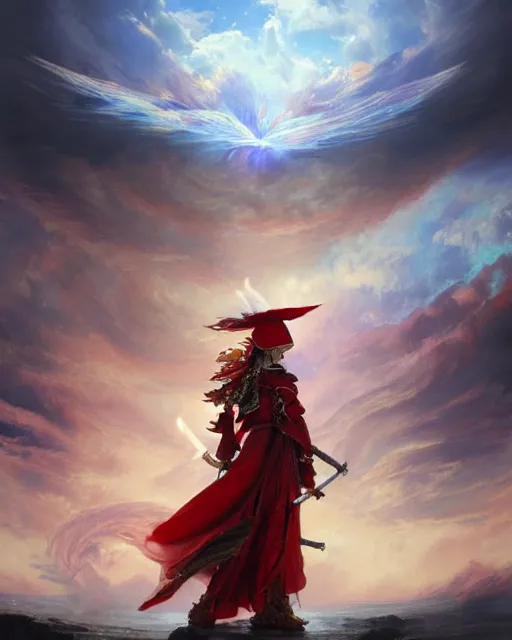 Image similar to A Full View of a Red Mage wearing magical ornate armor and a feathered hat surrounded by an epic cloudscape. Magus. Red Wizard. Fantasy Illustration. masterpiece. 4k digital illustration. by Ruan Jia and Mandy Jurgens and Artgerm and greg rutkowski and Alexander Tsaruk and WLOP and Range Murata, award winning, Artstation, art nouveau aesthetic, Alphonse Mucha background, intricate details, realistic, panoramic view, Hyperdetailed, 8k resolution, intricate art nouveau