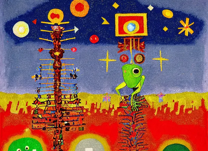 Image similar to pixel decollage painting tarot lovers card composition tower of babel road red armor maggot bear and wonky alien frog skeleton knight on a horse in a dark red cloudy night sky with golden foil jewish stars and diamonds, mountain lake and blossoming field in background, painted by mark rothko, helen frankenthaler, danny fox and hilma af klint, pixelated, naive