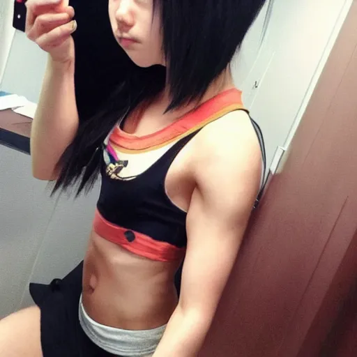 Prompt: cassandra cain, stunning, wearing tank top, korean university student, mirror selfie, 2 0 2 2, abs, full body, instagram post, pinterest, cg animation, riot entertainment, realistic