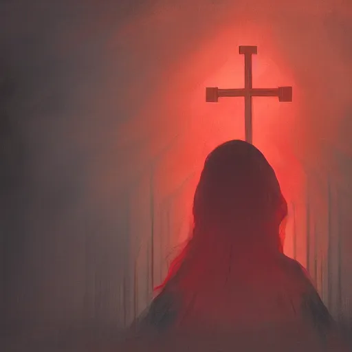 Prompt: shameless woman whis impudent facial expression, shadow of catholic church cross, elegant, dark and mysterious, atmospheric, red, trending on artstation, highly detailed, digital painting, volumetric light, concept art, middle focus, illustration, rule 34