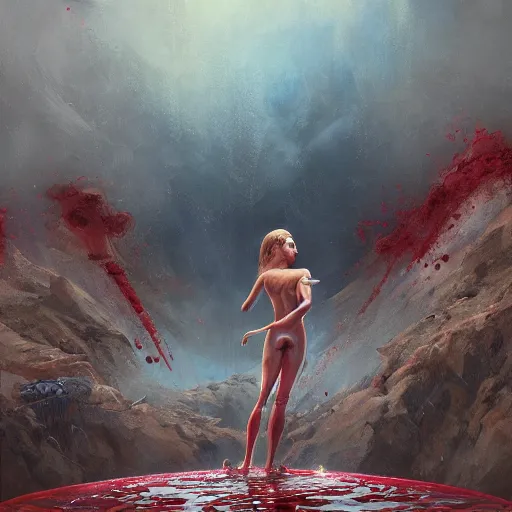 Prompt: A beautiful detailed painting of Dolores Abernathy bathing in blood, robot revolution, apocalypse, Westworld, highly detailed, digital painting, artstation, cgscoiety, establishing shot, cinematic, intricate, smooth, sharp focus, illustration, Unreal Engine 5, concept art, 8K, art by Esao Andrews.