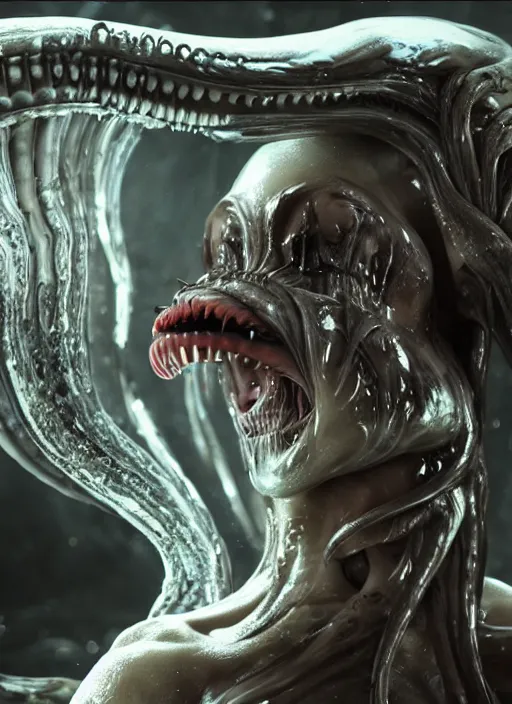 Image similar to film still of kim kardashian being licked by an xenomorph slathered in a transparent alien liquid, wet flowing hair, gooey skin, illustration, unreal engine 5, 8 k, directed by h. r. giger.